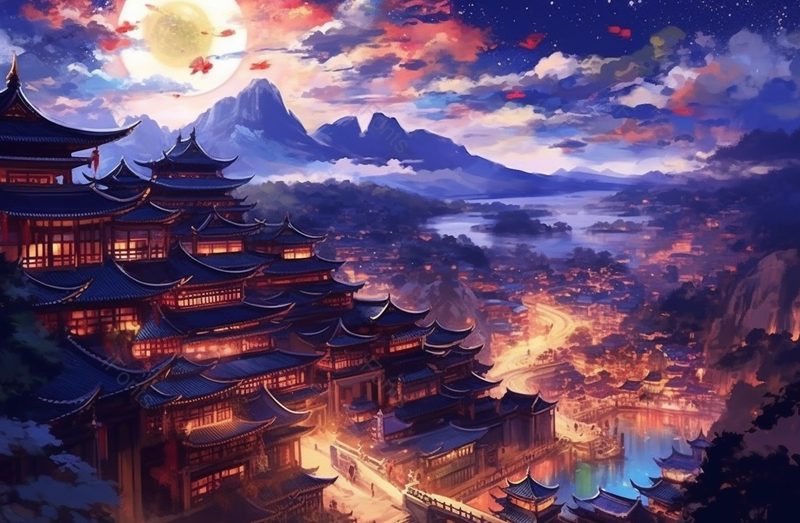 万家灯火满月蓝色星空夜晚山川古代建筑国风写意插画,插画/手绘图,插画/手绘图库,插画/手绘图下载,插画/手绘
